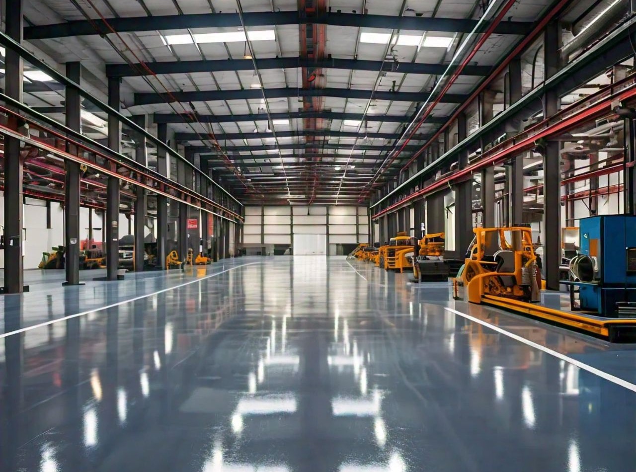 Durable epoxy flooring in industrial factory setup for seamless and chemical-resistant surface