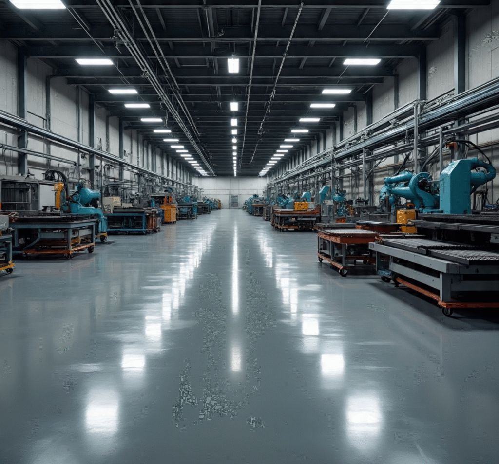 Epoxy flooring in industrial setup – heavy-duty, seamless, and chemical-resistant floors by MH Corp Hyderabad